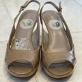 Nine West Shoes | Nine West Nine Size 6 1/2 Champagne Patent Leather Slingback Peep Toe Heels | Color: Tan | Size: 6.5