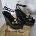 Louis Vuitton Shoes | Louis Vuitton Black Suede Logo Embellishment Wedge Sandals Size 37 (Us 7) | Color: Black | Size: 7