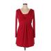 Jones New York Casual Dress - Wrap Scoop Neck Long sleeves: Red Solid Dresses - Women's Size 14