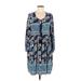 Casual Dress Tie Neck 3/4 sleeves: Blue Floral Dresses - Women's Size Large