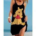 Summer Disney Winnie the Pooh Mini Dress Sexy Spaghetti Strap Backless Dress Beach Ruffle Sleeveless
