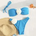 Sexy Blue 3D Flower Swimwear Bandeau Bikinis Sets 2024 Mujer Swimsuits Women Back Kontted Bathing