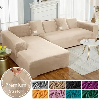 Velvet Solid Sofa Covers Stretch Spandex Sofa Cover All-inclusive Sofa Protector for Living Room L-Shaped Sofa Need 2pc Covers