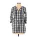 Madewell Casual Dress - Shift Tie Neck 3/4 Sleeve: Blue Plaid Dresses - Women's Size 2X-Small
