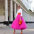 Jupes longues en tulle rose pour femmes mode de rue maille large satin ceinture longueur de