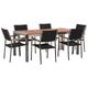 Set de jardin avec table en bois et 6 chaises en rotin noires