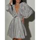 Mini robe Femme robe soirée manche longue Eté Printemps Automne - Elégant Soirée Trapèze Dos Nu Paillettes Etincelant Plein Manche Gigot V Profond Col V Mariage Anniversaire Mince Argent Noir Gris S