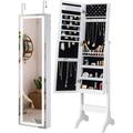 YONG Mirror Jewelry Cabinet with Lights Full Length Mirror with Storage Organizer Lockable Jewelry Armoire Makeup Mirror Freestanding/Wall Mount/Over the Door White