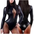 Jacenvly Womens Fashion Long Sleeve P atent Le ather Hollow One-Piece Lingerie Gift for Women Womens Tops Casual Clearance Gifts for Women