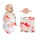 Amerteer 2 Pcs Baby Receiving Blankets Floral Swaddle Blankets Newborn Wrap Sets Cute Baby Headbands Sets for Infants Girls RED Rose(1 Blanket + 1 Headband)