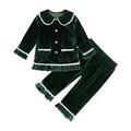 Elainilye Fashion Toddler Girls Pajama Set Christmas Winter Solid Color Lace Long Sleeved Home Wear Sleepwear 2 Piece Set Green