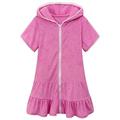 JSGEK Girls Swim Coverups Swimsuit Cover-Up Hooded Zip-Up Beach Robe Short Sleeve Summer Beaceh Sundress for Kids Ruffle Hem Dress Pink 4-5 Years