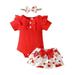 KDFJPTH Girls Valentine s Day Short Sleeve Ribbed Romper Bodysuit Heart Prints Ruffles Shorts Outfits Outfits for Teen Girls for School Long Sleeve Baby Girl Pajamas