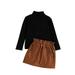 Jalioing 3 Piece Outfits for Kid Girls High Neck Long Sleeve Top PU Leather Elastic Waist Skirt with Cute Bag (1-2 Years Black)