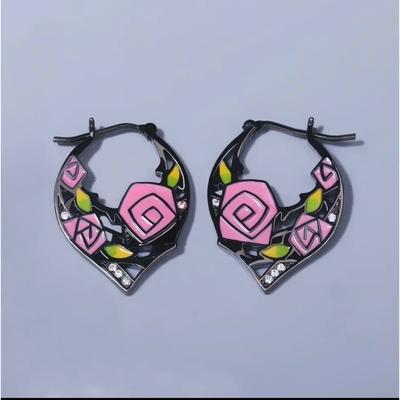 Disney Jewelry | Black Gold/ Rhodium Plated Sterling Silver Beauty & The Beast Eternal Rose Hoops | Color: Black/Pink | Size: Os