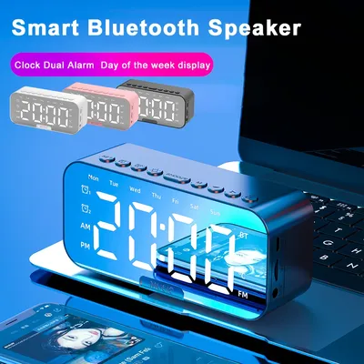 Bluetooth Speaker with LED Mirror Screen Digital Dual Alarm Clock with FM Radio Phone Holder