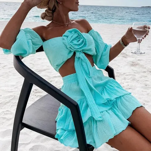 Damenmode Boho zweiteiliges Outfit Sommer Baumwolle fester Strand anzug sexy Blume von der Schulter