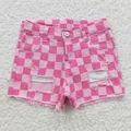 Baby Girl Summer Pink Checkered Denim Kids Children Toddler Pocket Button Ripped Broken-hole Shorts