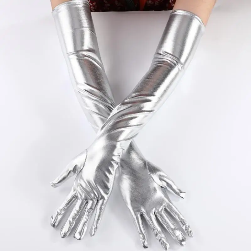 Silber sexy Stretch Pu Leder dünne lange Handschuh Punk Rock HipHop Jazz Disco Tanz handschuh glänzend Metallic Fäustling Cosplay Zubehör