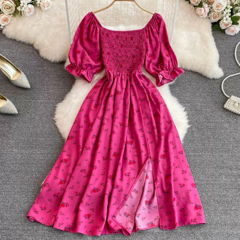 2026 mode Neue Sommer Blume Drucken Lange Kleid Frauen Vintage Square Neck Geraffte Brust Split Sommerkleid Party Vestidos Image