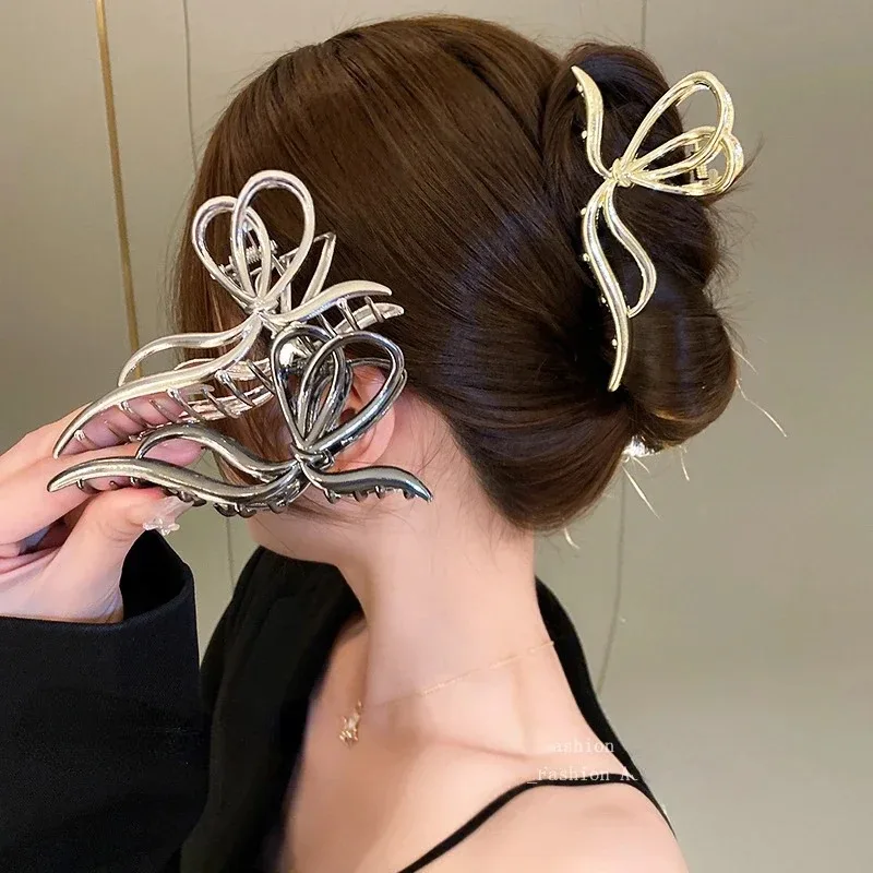 Große Bowknot Damen Haar klauen clip für dicke dünne Haarschmuck trend ige elegante Gold Silber Metall Streamer Krabben klemme Schmuck