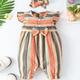 Baby Girls Cute Casual Striped Ruffled Romper With Bow Decoration & Bow Headband Set For Summer