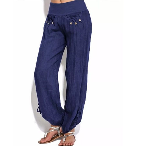 Damen Hose aus Baumwollleinen Lange Unterhosen Baggy-Hosen Urlaub solide Lounge Mittlere Taille Baggy Mehrere Taschen Seitenknopf Täglich Urlaub Wochenende Schwarz Weiß Weinrot Marineblau Sommer Image
