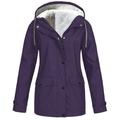 Teissuly Women Plus Velvet Solid Jackets Outdoor Hooded Raincoat Windproof