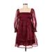 Blu Pepper Casual Dress - A-Line Square 3/4 sleeves: Burgundy Solid Dresses - New - Women's Size Medium