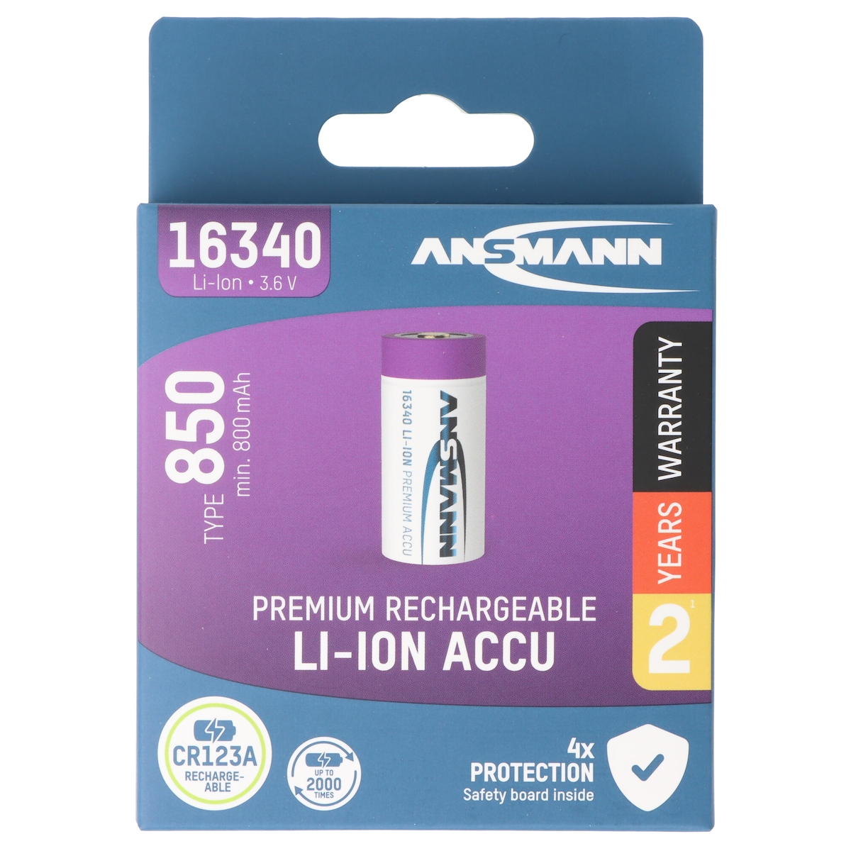 Ansmann Li-ion Akku CR123A, 16340, 3,6V bis 3,7V, 850mAh 17×17x35mm mit Schutzbeschaltung Image