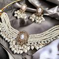 Bridal Jewelry Set, Victorian Pearl Choker Necklace Earrings, Indian Kundan Jewelry, Ivory Statement Set