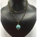 2 Layer Bronze Oblong Chain Necklace, Layered Necklace With Turquoise Ceramic Pendant, Handmade Layering