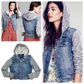 Free People Jackets & Coats | Free People Jean Jacket Knit Hoodie Size Medium Denim Trucker Shrunken Fit | Color: Blue/Gray | Size: M