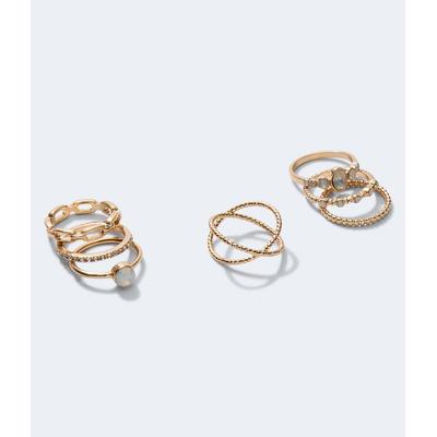Aeropostale Womens' Milky Rhinestone Ring 7-Pack - Gold - Size XS/S - Metal