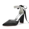 Women Pointed Toe Satin Bridal Shoes Block Chunky Heel Wedding Pumps Rhinestones Ribbon Tie Evening Party Dress Shoes,Black,2 UK