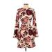 Charles Henry Casual Dress - Mini High Neck Long sleeves: Burgundy Floral Dresses - Women's Size X-Small Petite