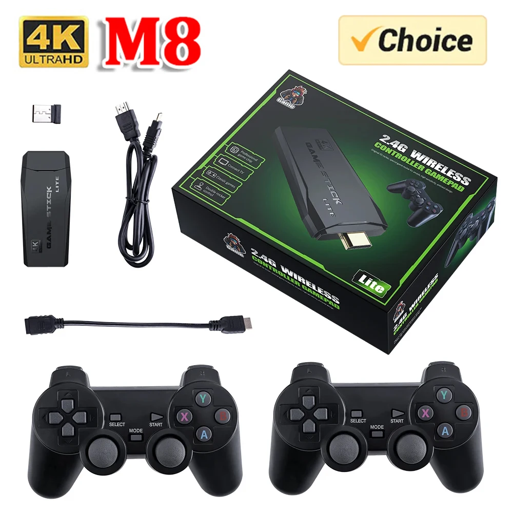 Videospiel Stick Lite 4K HD Videospiel M8 Konsole 64 GB Doppel Wireless Controller für 10000 Retro Spiele Kind Weihnachtsgeschenk