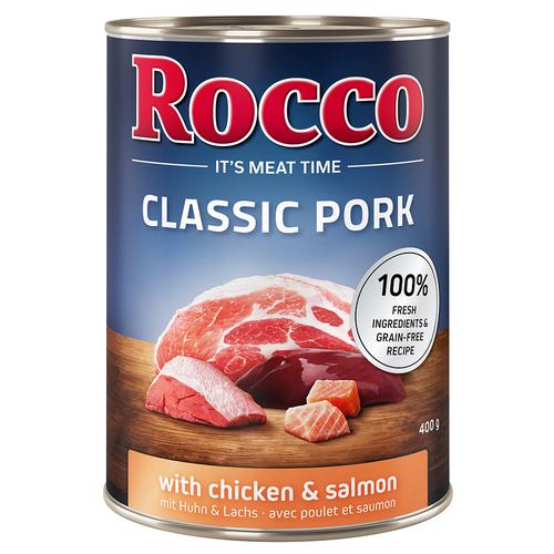 Lot Rocco Classic Pork 24 x 400 g pour chien poulet, saumon