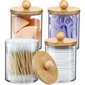 4 Pack Qtip Holder Dispenser with Bamboo Lids - 10 oz Clear Plastic Apothecary Jar Containers for Vanity Makeup Organizer Storage - Bathroom Accessories Set for Cotton Swab Ball Pads Floss