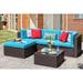 Vongrasig 5 Piece All-Weather Brown PE Wicker Outdoor Couch Sectional Patio Set Small Patio Conversation Set Garden Patio Sofa Set w/Ottoman Glass Table Red