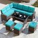 Kullavik 8 Pieces Outdoor Patio Furniture Set Wicker Rattan Dining Sofa Outdoor Sectional Conversation Set with 43 55000BTU Gas Fire Pit Table Navy Blue