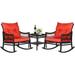 xrboomlife Patio Set Rocking 3Pc Outdoor Wicker w/Upgraded 3 Thicken Cushion Rattan Chair Conversation Sets with Glass Coffee Table Grey/Black