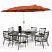 VILLA 5 Piece Outdoor Dining Set with 10ft Umbrella 37 Square Metal Dining Table & 4 Cushioned Metal Chairs & 3-Tier Beige Umbrella for Patio Deck Yard Porch