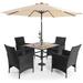 & William Outdoor 6 Pieces Dining Set with 4 Rattan Chairs 1 Wood-Like Metal Table and 1 10ft 3 Tier Auto-tilt Umbrella(No Base) Red Modern Patio Furniture for Poolside Porch Pati