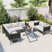 5-Piece Patio Sectional Sofa Set Outdoor Woven Rope Furniture Set with Glass Table and Padded Cushions All-Weather Patio Conversation Set with Metal Frame for Garden Backyard Pool Black+Gray