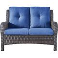 Outdoor Patio Wicker Furniture Set - 5 Piece Patio Rattan Sectional Sofa Set with 3-Seat Couch 2 Armchairs 2 Ottoman Footrests for Patio Conversation(5PC Mixed Grey/Blue)