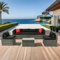 OYang 5 Pieces Outdoor Sectional Sofa Set ï¼ŒPE Rattan Furniture Set Cushioned U Shaped Sofa with 2 Pillows Center Coffee Table Patio Sectional Furniture Set for Garden