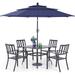 VILLA 5 Piece Outdoor Dining Set with 10ft Umbrella 37 Square Metal Dining Table & 4 Stacking Metal Chair with 3 Tier Beige Umbrella for Patio Deck Yard Porch