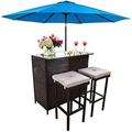 YFbiubiulife Outdoor Set 3-Piece Rattan Wicker Patio Glass and Two Stools with Cushions and 9 FT Patio Umbrella for Patios Backyards Porches Gardens or Poolside Sky Blue