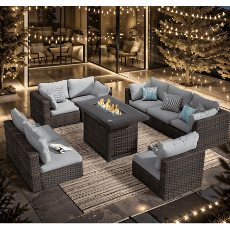GREZONE 9 Piece PE Wicker Rattan Outdoor Patio Bar Sett with Fire Pit Table Gray